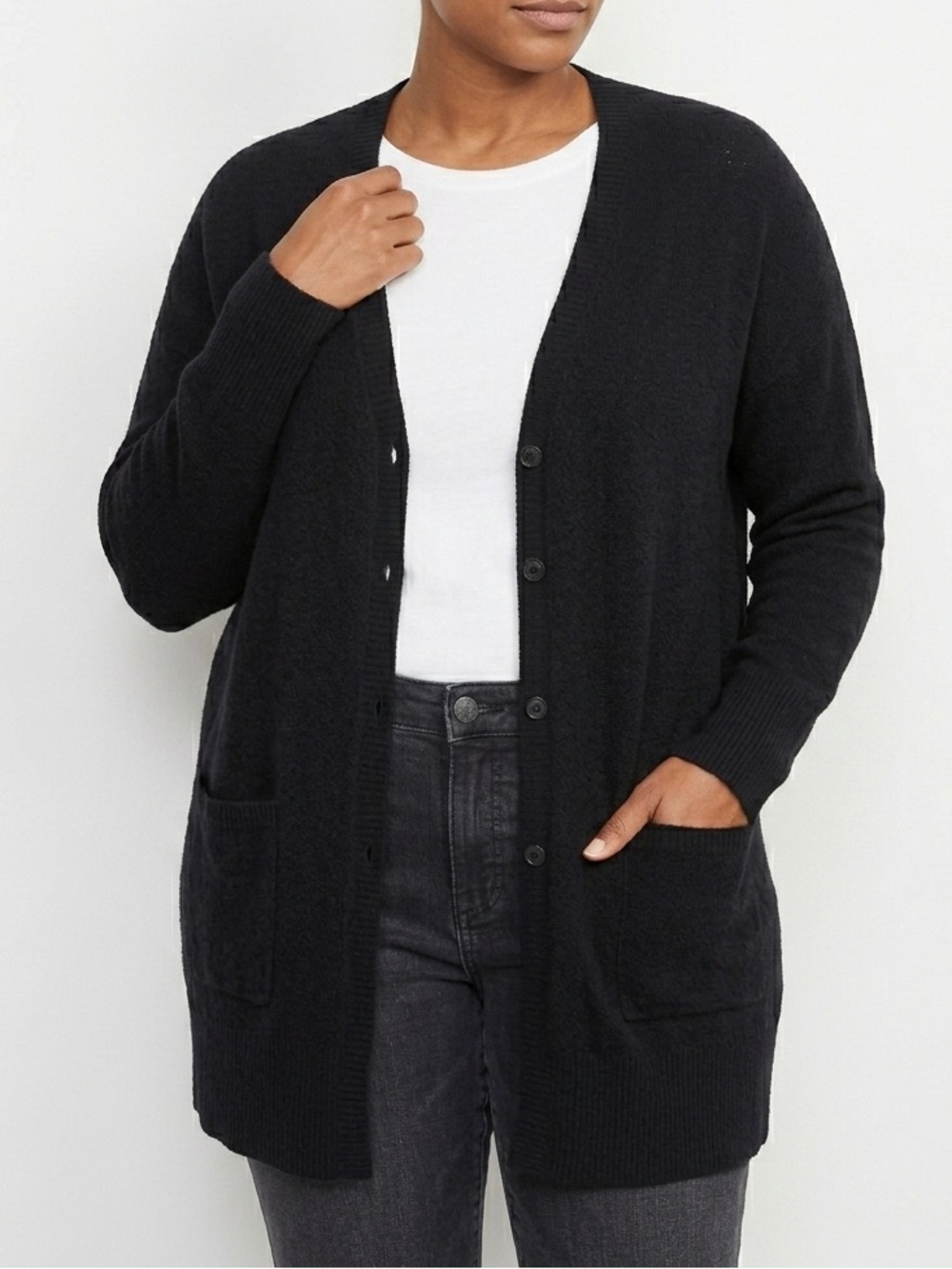Eileen Fisher 100% Wool Black Lightweight Knit Cardigan Size Large Button Front